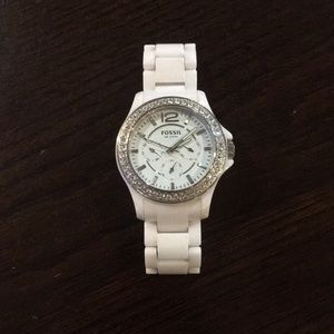 Fossil ceramic white watch with diamonds.